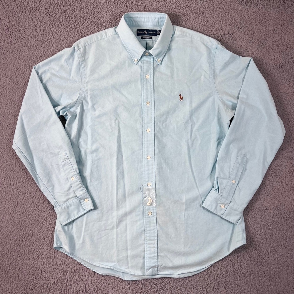 Ralph Lauren Button Down Shirt Mens L Light Blue Custom Fit Cotton Oxford Pony
